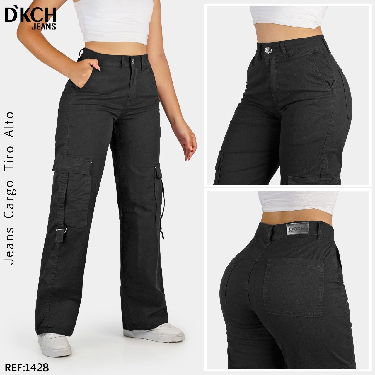 JEANS NEGRO CARGO BOTA ANCHA STRECH REF 1428